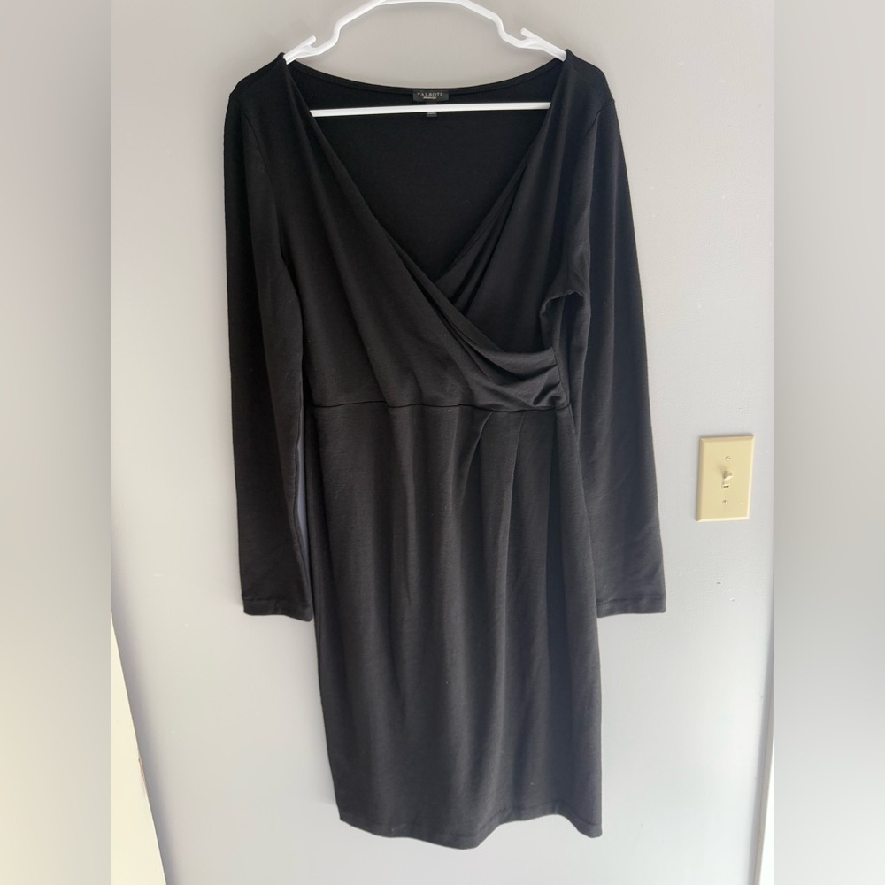 Talbots Womens Dress M Black Wool Blend Long Sleeve Faux Wrap Knee Length Classy